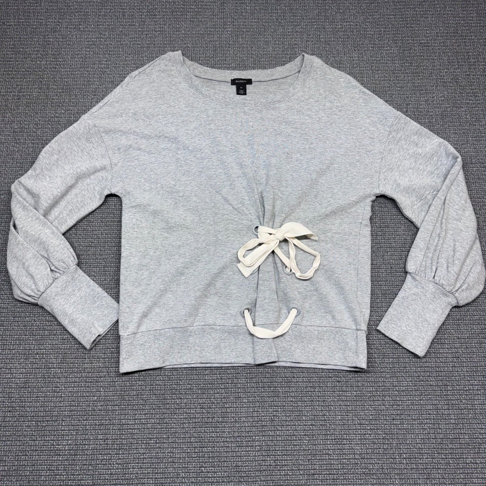 Halogen Gray Front Tie Balloon Sleeve Sweatshirt Medium Heathered Crew Neck